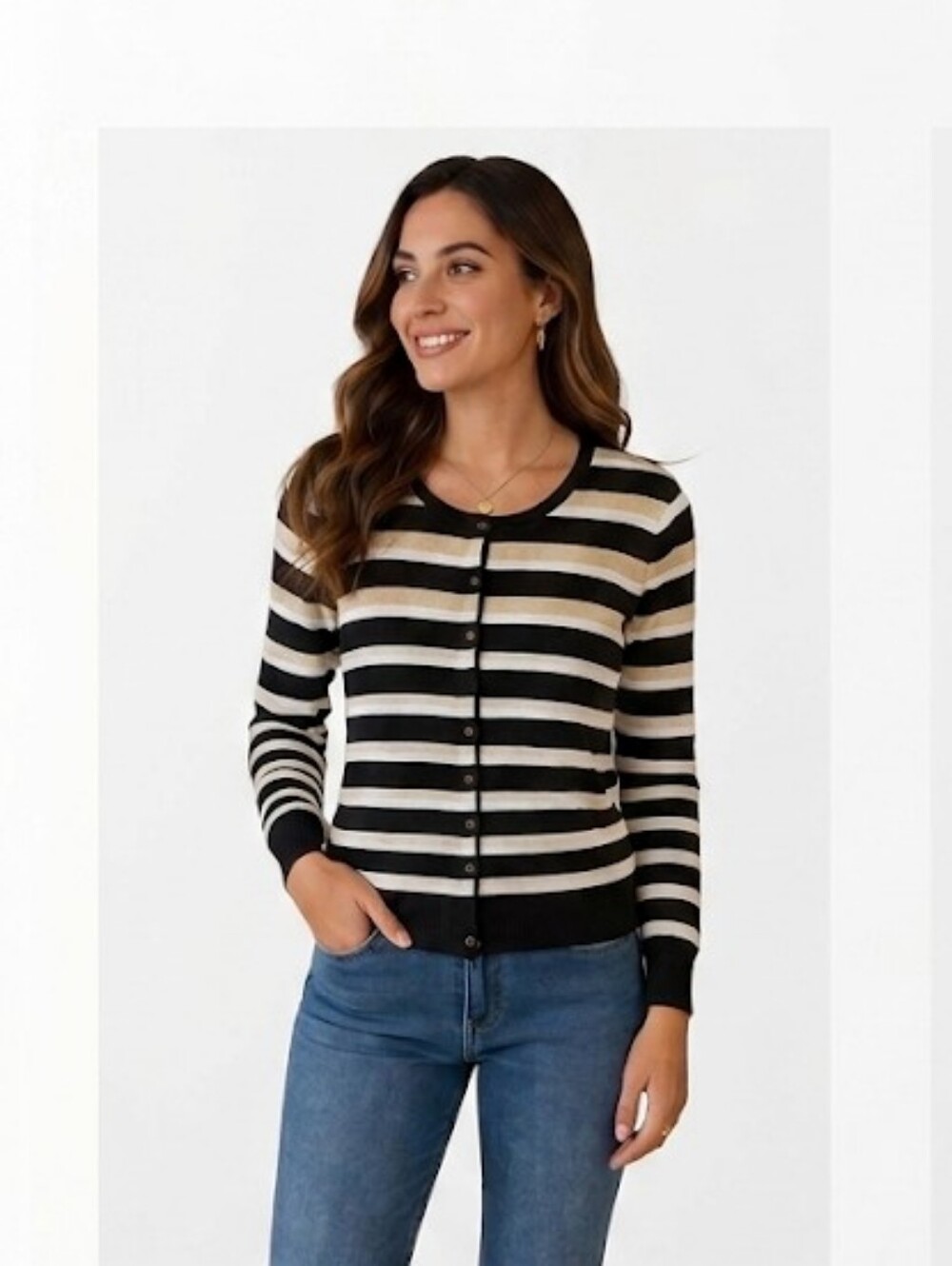 Nue Options Striped Cardigan in Black, White, and Gold Button Down Sz L